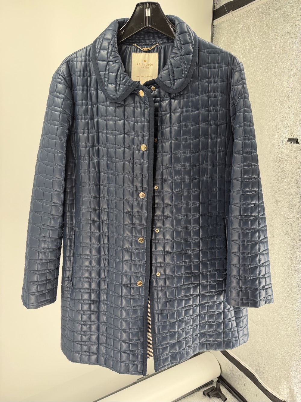 kate spade Navy Quilted Square-Stitch Snap-Front Puffer Coat